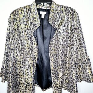 Chico brand"Chico's in Metallics"Silk blend,quite luxury core open front jacket.